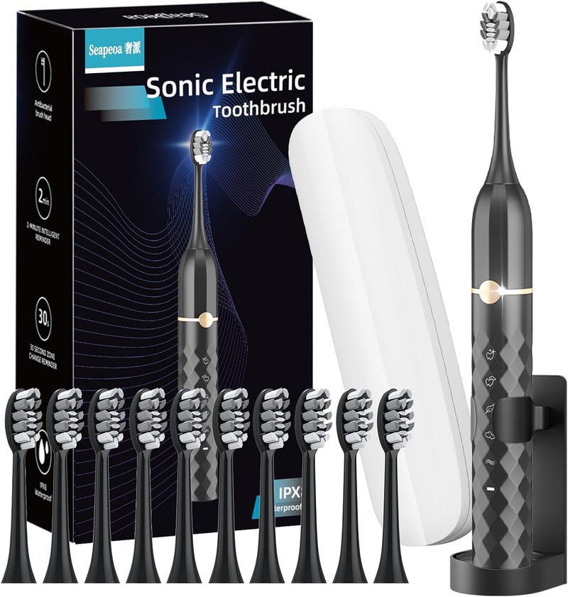 Seapeoa Electric Toothbrush Set, Equipped with 10 Brush Heads and Travel case, IPX8 Waterproof, 2-Minute Timer, 42000 high-Frequency Vibrations, 5 Modes, The First Choice for Gift Giving - Image 1
